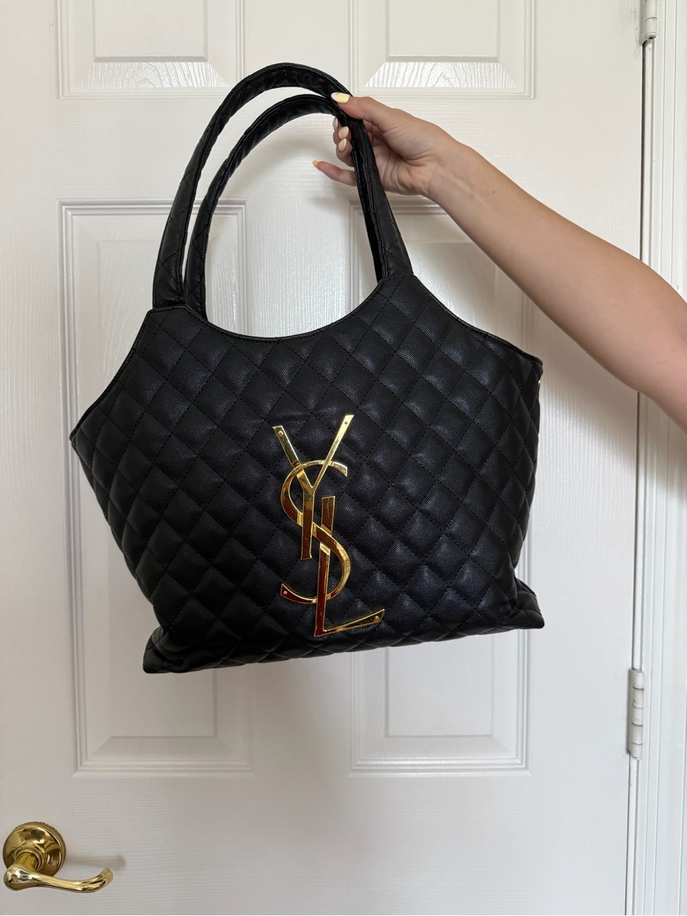 Quilted Black Leather Tote with Gold Monogram